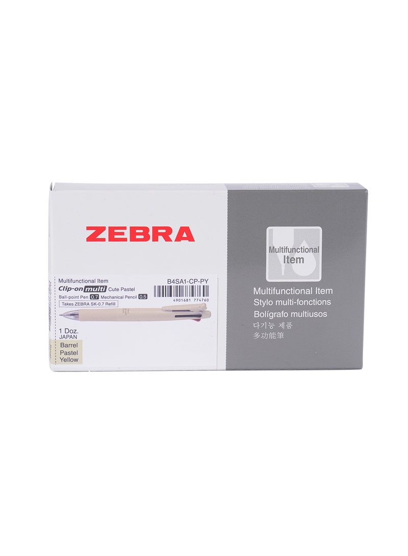 ZEBRA Clip-On Multi Pen 5in1 ( 0.7 mm) , 4 Colors and Mechanical Pencil (0.5 mm) , Soft Comfort Grip for Smooth Writing , Pack of 12 Pens - Pastel Yellow - Image 1