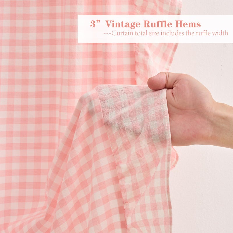 K MASANIJI Blush White Plaid Gingham Ruffle Curtains 2 Panels, 100% Washed Cotton Drapes for Bedroom Living Room Doorway Shabby and Chic Window Treatment Rod Pocket, W52â€xH84 - Image 5