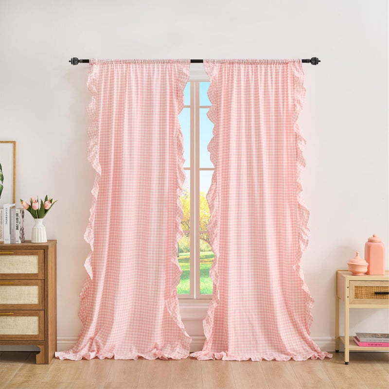 K MASANIJI Blush White Plaid Gingham Ruffle Curtains 2 Panels, 100% Washed Cotton Drapes for Bedroom Living Room Doorway Shabby and Chic Window Treatment Rod Pocket, W52â€xH84 - Image 1