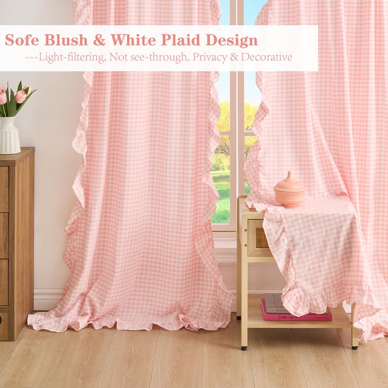 K MASANIJI Blush White Plaid Gingham Ruffle Curtains 2 Panels, 100% Washed Cotton Drapes for Bedroom Living Room Doorway Shabby and Chic Window Treatment Rod Pocket, W52â€xH84 - Image 3
