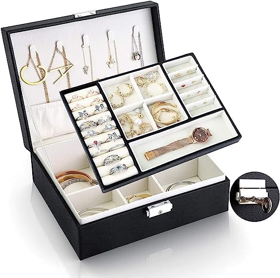 KRESHU Double Sided Layer Makeup Storage Case | Premium PU-Leather Women Girl’s Jewellery Box For Travel with Smart Key Lock For Makeup Accessories for Necklace, Earrings, Rings (BLACK) - Image 3