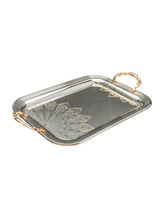 Alsaif Gallery Silver Stainless Steel Tray With Mandala Design And Gold Handle (3 Pieces) - Image 1