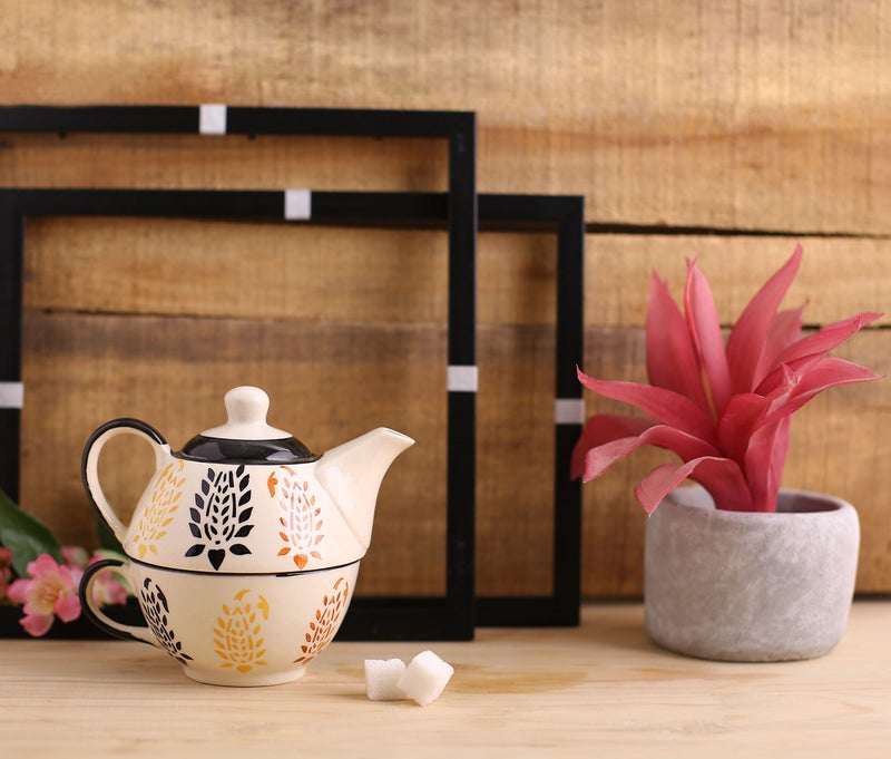 Caffeine Ceramic Handmade Blue boota 2 in1 Tea Pot (Set of 1, Single Kettle with Cup) - Image 5