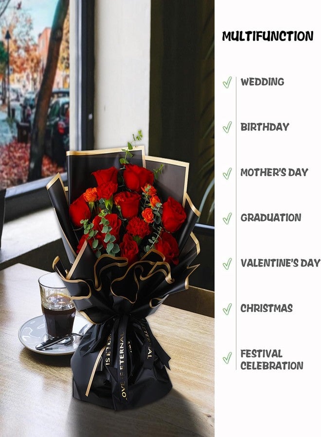 Just Flowers ورق تغليف زهور مقاوم للماء من جست فلاورز، لفة ورق تغليف هدايا، لوازم باقات الزهور (أسود بحواف ذهبية، عبوة من 10 قطع) - Image 2