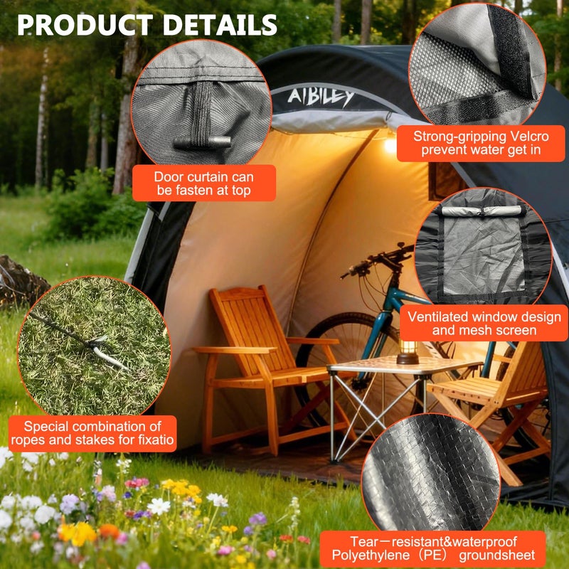 Aibiley Bike Storage Shed with Rain Cover,2X Sturdy 420D Polyester Cloth,Waterproof Outdoor Bicycle 2-3 Bikes Tent,Waterproof Zipper,Garden Tools,Toys,Backyard Mowers Shelter,8X Windproof Ropes - Image 5