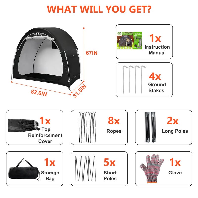 Aibiley Bike Storage Shed with Rain Cover,2X Sturdy 420D Polyester Cloth,Waterproof Outdoor Bicycle 2-3 Bikes Tent,Waterproof Zipper,Garden Tools,Toys,Backyard Mowers Shelter,8X Windproof Ropes - Image 2