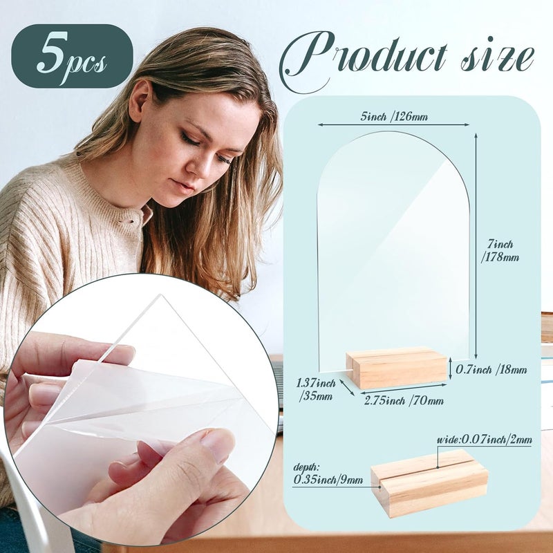 Bercoor 5 Pack 5x7 Inch Blank Clear Arch Acrylic Sign with Wooden Stands, Arched Round Top Acrylic Sheet, DIY Acrylic Arch Table Numbers for DIY Name Card Gifts Event Party Sign Decoration - Image 2