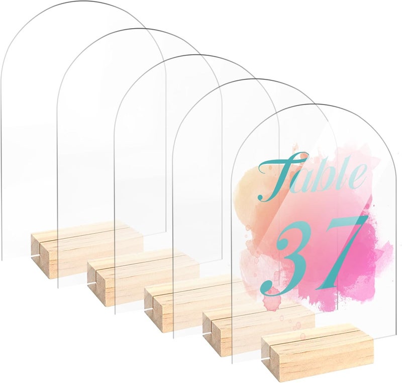 Bercoor 5 Pack 5x7 Inch Blank Clear Arch Acrylic Sign with Wooden Stands, Arched Round Top Acrylic Sheet, DIY Acrylic Arch Table Numbers for DIY Name Card Gifts Event Party Sign Decoration - Image 1
