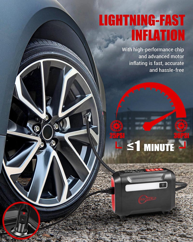 ROCGORLD R8 Tire Inflator Portable Air Compressor, DC 12V Air Compressor Portable with Large Dual Digital Screen, 3X Faster Inflation Air Pump for Car, Bike, Ball, Motor - Image 2