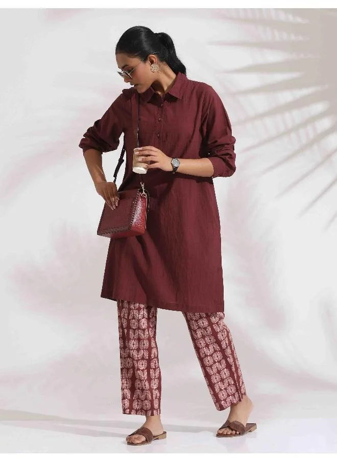 ترو برونز trueBrowns Brown Cotton Solid Kurta Co-ord Set