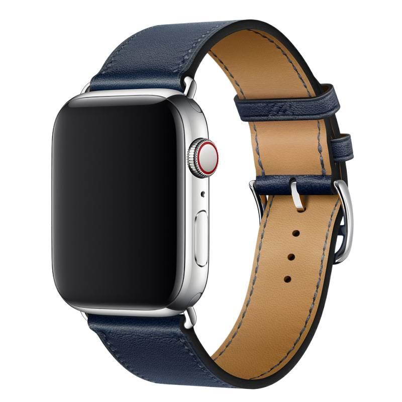 AD Navy Blue Classic Leather Strap Smartwatch Band Compatible with Apple Watch / SE with Adjustable Fit Replacement Strap for Daily Wear - Image 1