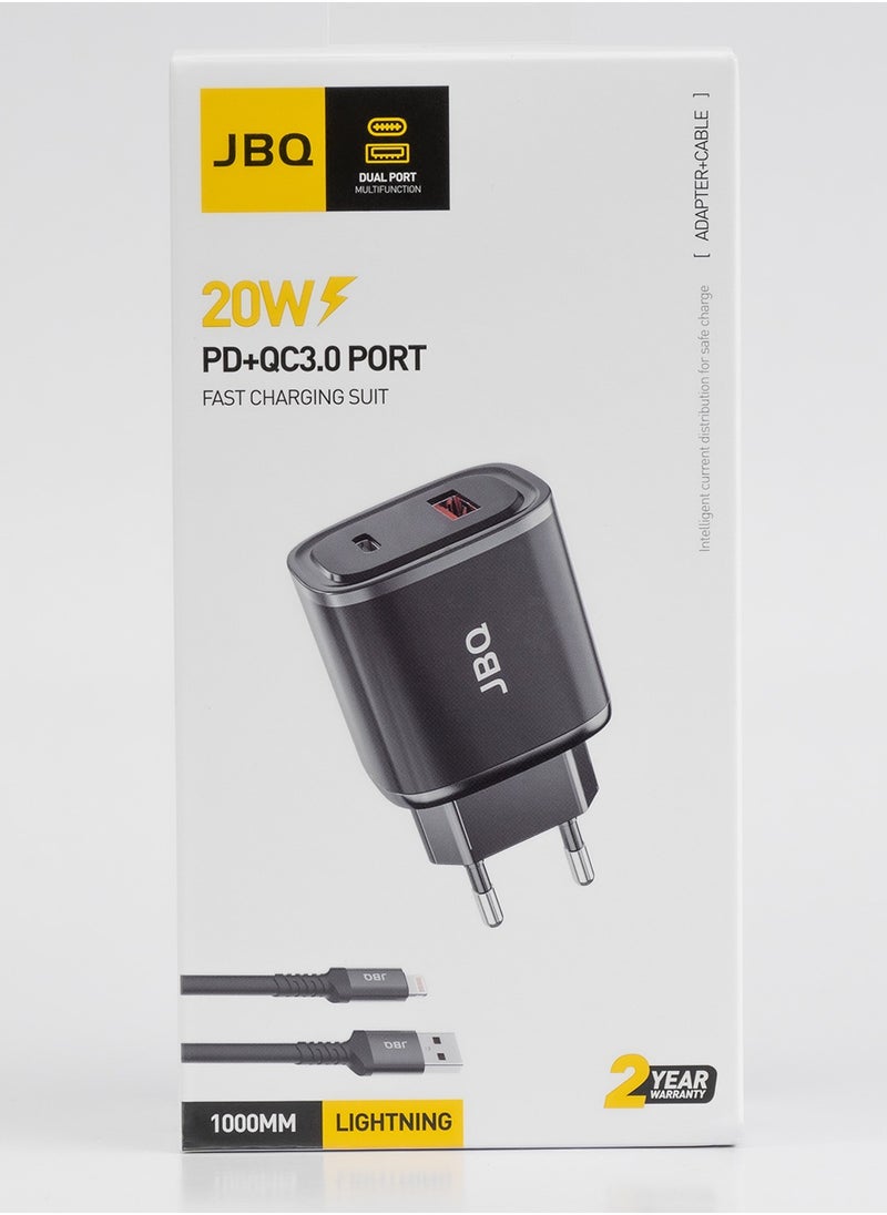 JBQ - 20W PD+QC 3.0 Dual Port Fast Charging 2 Pin Adapter With USB to Lightning Cable - Image 1