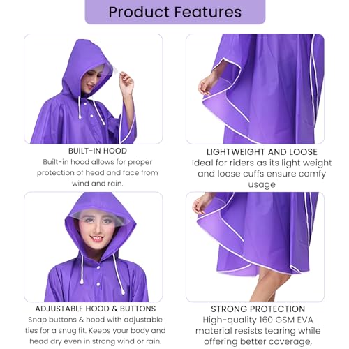 HACER EVA Raincoat Poncho 160 GSM with Adjustable Hood Full Sleeves Knee Length Universal Size Water Resistant Outdoor Rainwear for Women Camping Trekking Hiking (Pack of 1, Purple) - Image 4