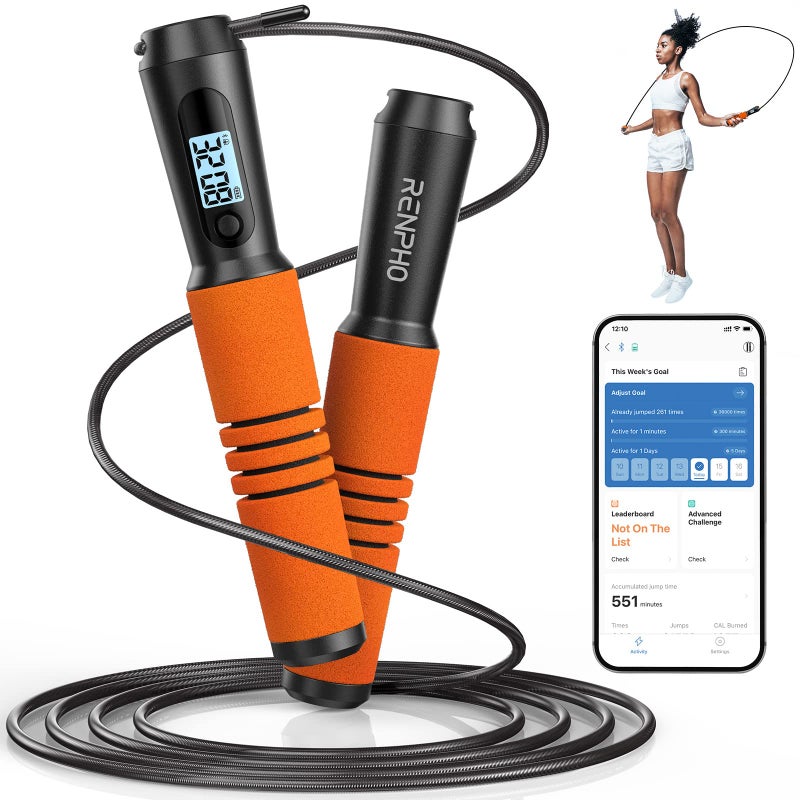 RENPHO Jump Rope, RENPHO Jump Rope with Counter, Smart Jumping Rope with APP, Fitness Skipping Ropes for Men Workout, Exercise Skip Rope for Women - Orange - Image 1