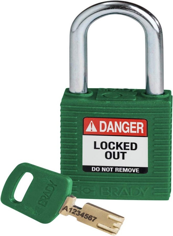Brady SafeKey Lockout Padlock Nylon Green 1.5" Steel Shkl Keyed Different - Image 1