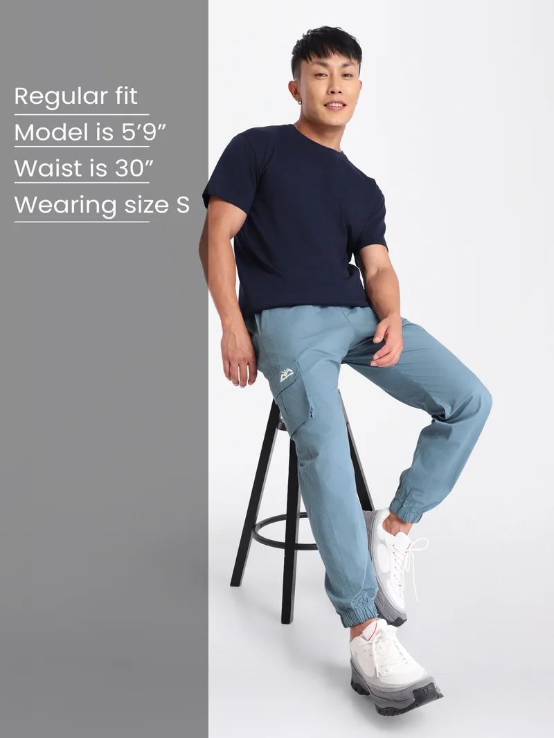 Beyoung Smoky Blue Cotton Cargo Joggers