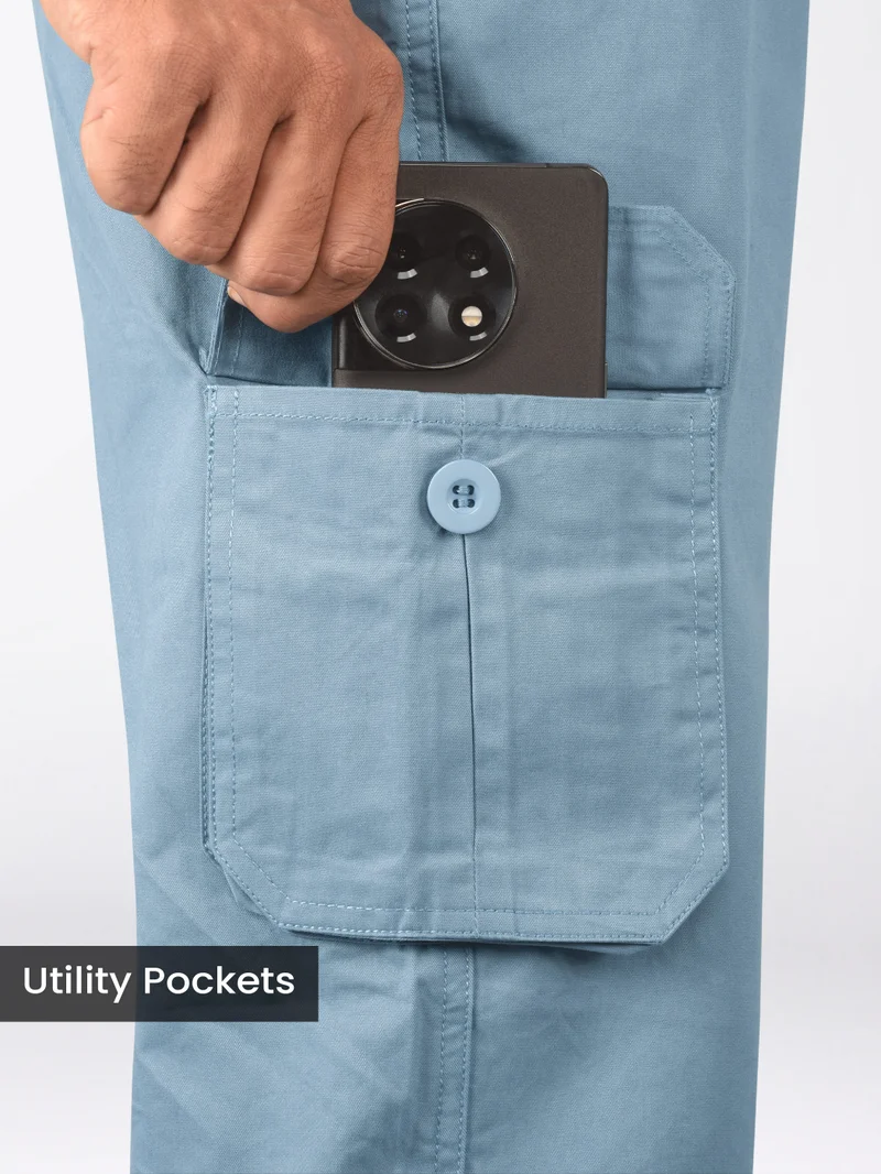 Beyoung Smoky Blue Cotton Cargo Joggers