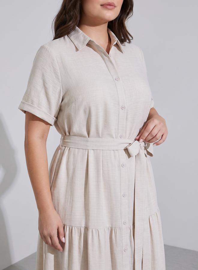 Styli Plus Size Beige Solid Tie-Up Waist Shirt Maxi Dress - Image 3