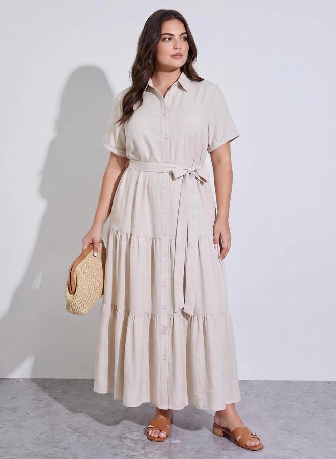Styli Plus Size Beige Solid Tie-Up Waist Shirt Maxi Dress - Image 1