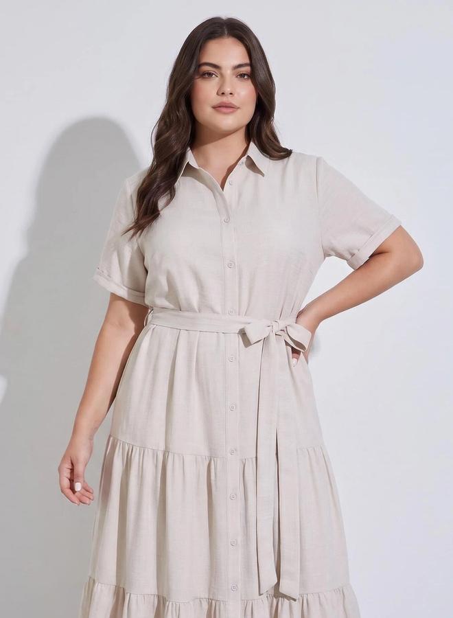 Styli Plus Size Beige Solid Tie-Up Waist Shirt Maxi Dress - Image 2