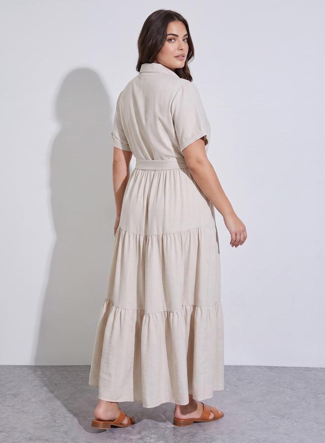 Styli Plus Size Beige Solid Tie-Up Waist Shirt Maxi Dress - Image 4