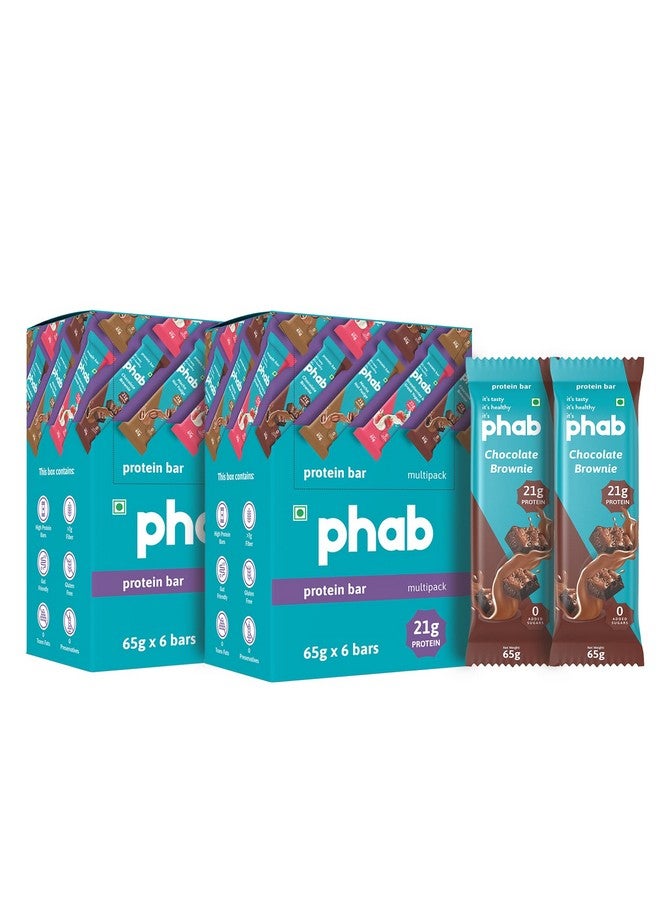 Phab Chocolate Brownie Protein Bar with 21g Protein, 8g High Fibre & 0 Added Sugar 100% Vegetarian | Diabetic Friendly Healthy & Tasty Protein bars | Trans Fat-Free & No Preservatives Protein bars (Pack of 12 x 65g) - Image 1