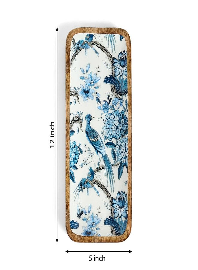 SAAGA Mango Wood Florida Printed Rectangular Platter - 12 Inch X 5 Inch - Tray for Kitchen & Dining, Ideal for Snacks, Fruits, & Desserts - Brown & White - Image 2