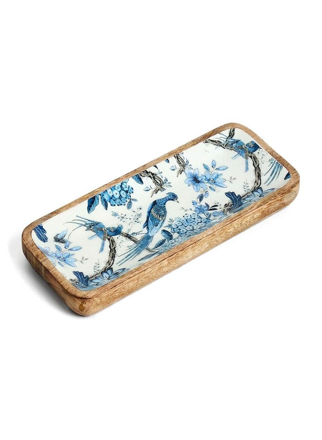 SAAGA Mango Wood Florida Printed Rectangular Platter - 12 Inch X 5 Inch - Tray for Kitchen & Dining, Ideal for Snacks, Fruits, & Desserts - Brown & White - Image 1
