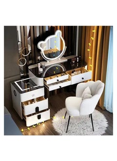 Smart Vanity Table with Mirror and Chair, Dressing Table Features Bluetooth Audio Lighted Mirror Wireless Charging Makeup Vanity in Tempered Glass Countertop and Comfortable Make up Chair
