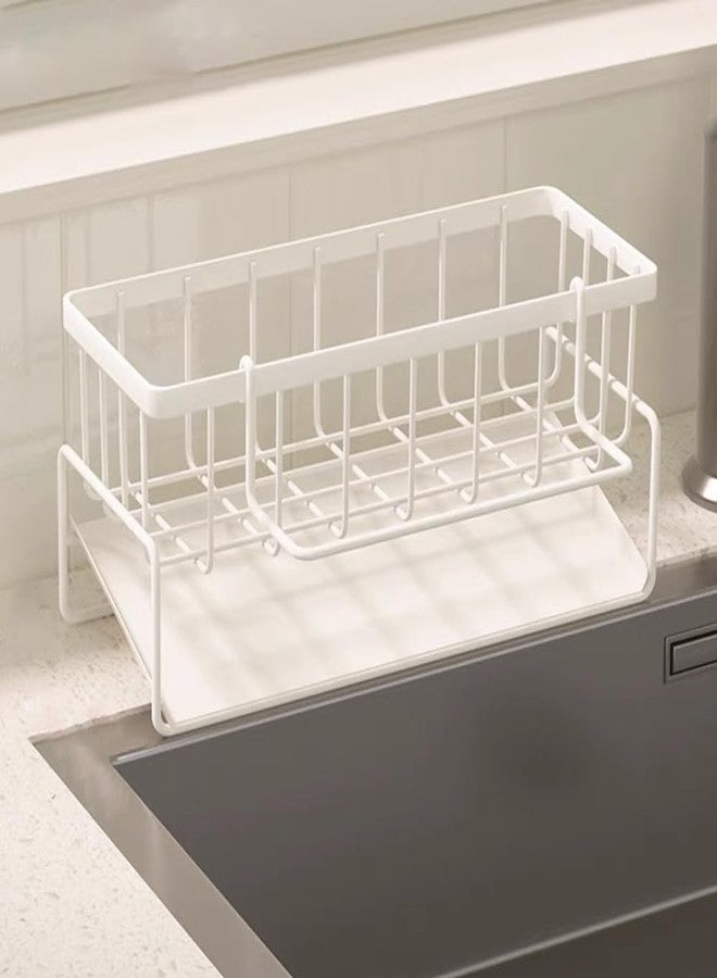 Vilemoon Sink Caddy Kitchen Sink Organizer, Sponge Holder for Kitchen Countertop for Dish Brush Gloves, Dish Cloth Hanger, Rustproof Kitchen Caddy with Drip Tray (White) - Image 1