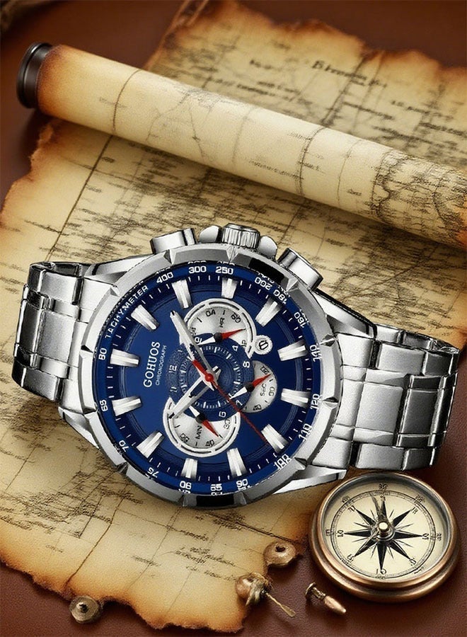 جوهوس ساعة الرجال، ساعة المعصم الرجال مقاومة للماء كرونوغراف الجيش التناظرية الفولاذ المقاوم للصدأ الذكور ساعة الرجل الرياضة الساعات - 48mm - الفضة - Image 2