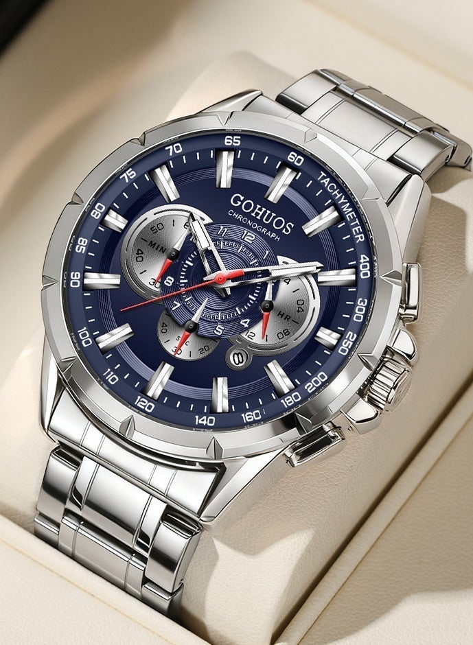 GOHUOS Men's Watch, Wrist Watch Men Waterproof Chronograph Military Army Analog Stainless Steel Male Clock Man Sport Watches - 48mm - Silver - Image 1