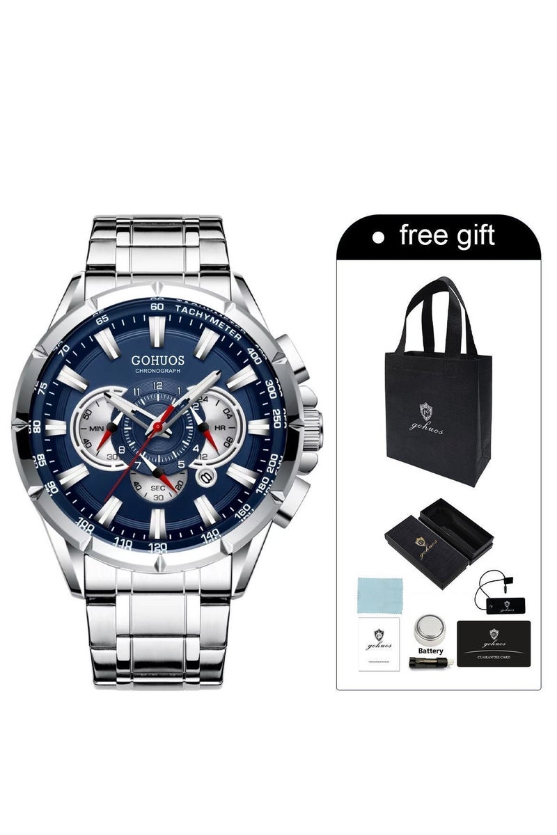 GOHUOS Men's Watch, Wrist Watch Men Waterproof Chronograph Military Army Analog Stainless Steel Male Clock Man Sport Watches - 48mm - Silver - Image 4