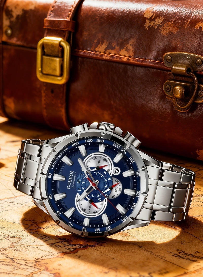 GOHUOS Men's Watch, Wrist Watch Men Waterproof Chronograph Military Army Analog Stainless Steel Male Clock Man Sport Watches - 48mm - Silver - Image 3