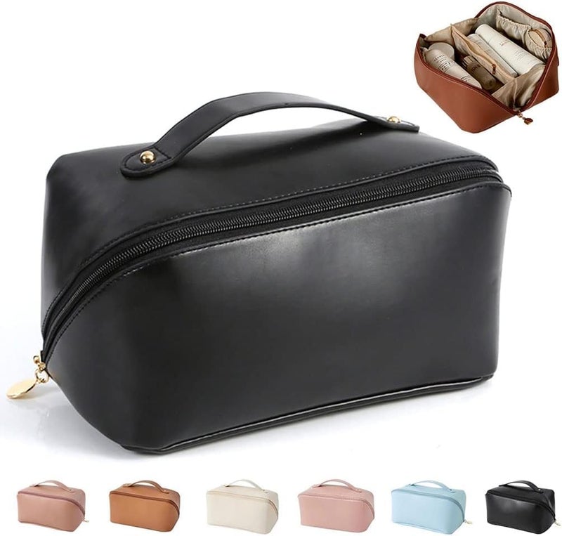 ANGENIL Makeup Pouch Bag, Travel Pouches for Women, Vanity Bag for Women Latest, Cosmetic Organizer, Travel Toiletry Bag, Mini Makeup Bag and Skincare Pouch, Leather Vanity Bag (Black, Medium) - Image 1