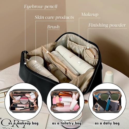 ANGENIL Makeup Pouch Bag, Travel Pouches for Women, Vanity Bag for Women Latest, Cosmetic Organizer, Travel Toiletry Bag, Mini Makeup Bag and Skincare Pouch, Leather Vanity Bag (Black, Medium) - Image 2
