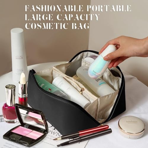 ANGENIL Makeup Pouch Bag, Travel Pouches for Women, Vanity Bag for Women Latest, Cosmetic Organizer, Travel Toiletry Bag, Mini Makeup Bag and Skincare Pouch, Leather Vanity Bag (Black, Medium) - Image 5
