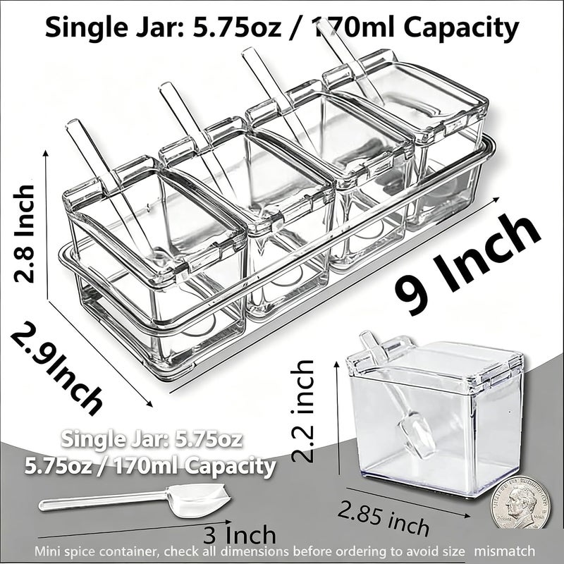 EOREA 4 Pack 5.75oz Plastic Clear Condiment Containers with Lids and Spoons | 4pc clear condiment set with lids & spoons, non-slip tray countertop storage for salt sugar pepper spice - Image 2