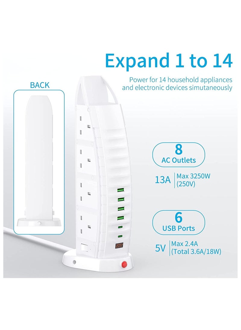 Generic - Burj Al Arab Sailboat Shape Tower Extension Lead with USB, Tower Extension Cord 8 Way Outlets 6 USB (2 Type C and 4 USB Ports)  3.6A Multi Plug Extension Socket 2M Cable with Switches, Vertical Power - Image 1