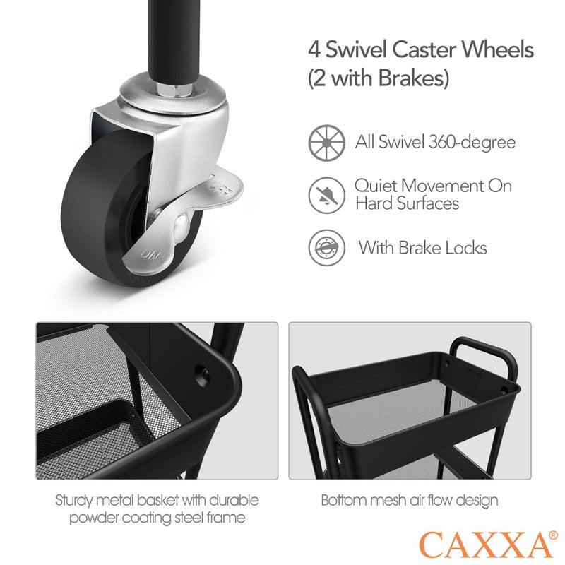 CAXXA 3-Tier Rolling Metal Storage Organizer - Mobile Utility Cart, Kitchen Cart with Caster Wheels (Black) - Image 3