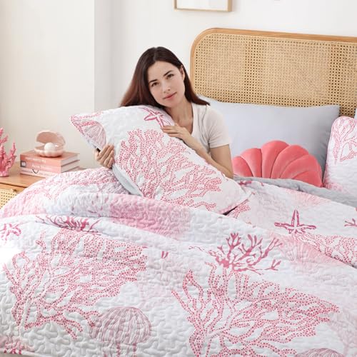 weigelia Coastal Quilts Bedding Set King Size - Pink Summer Nautical Bedding Quilt with Pillow Cases, Beach Reversible Quilt Set Ocean Coral Bedspreads Coverlet Soft Lightweight Comforter - Image 2