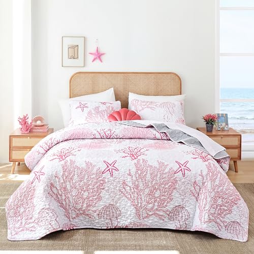 weigelia Coastal Quilts Bedding Set King Size - Pink Summer Nautical Bedding Quilt with Pillow Cases, Beach Reversible Quilt Set Ocean Coral Bedspreads Coverlet Soft Lightweight Comforter - Image 1
