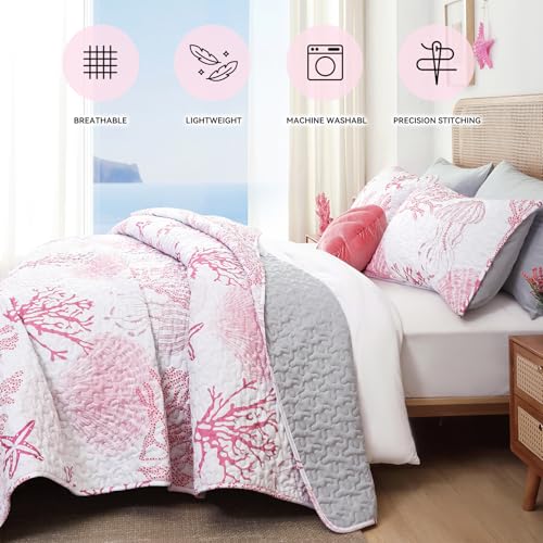 weigelia Coastal Quilts Bedding Set King Size - Pink Summer Nautical Bedding Quilt with Pillow Cases, Beach Reversible Quilt Set Ocean Coral Bedspreads Coverlet Soft Lightweight Comforter - Image 4