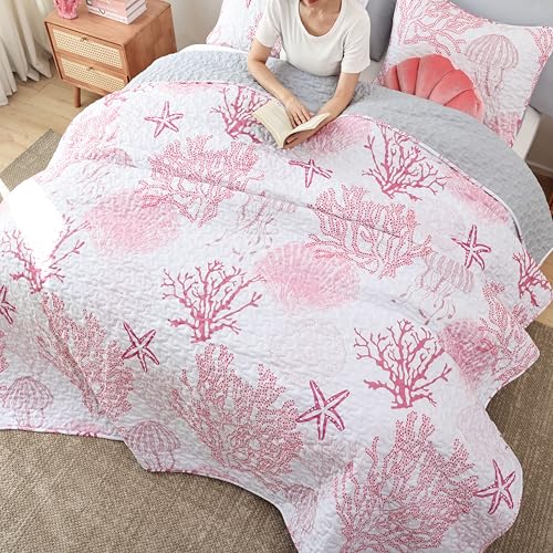 weigelia Coastal Quilts Bedding Set King Size - Pink Summer Nautical Bedding Quilt with Pillow Cases, Beach Reversible Quilt Set Ocean Coral Bedspreads Coverlet Soft Lightweight Comforter - Image 3
