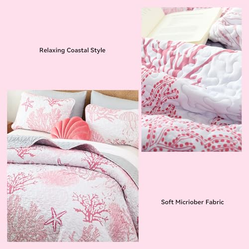 weigelia Coastal Quilts Bedding Set King Size - Pink Summer Nautical Bedding Quilt with Pillow Cases, Beach Reversible Quilt Set Ocean Coral Bedspreads Coverlet Soft Lightweight Comforter - Image 5