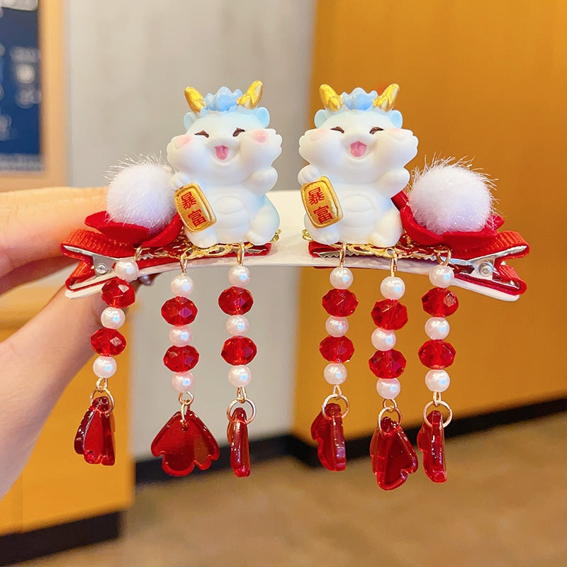 Generic Kids Chinese New Year Dragon Tassel Hair Clips Rich dragon treasure