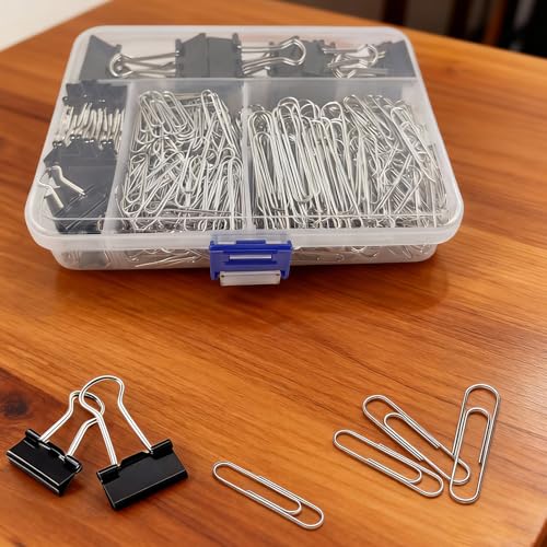 HIQU and HIST Binder and Paper Clips Set, 340 pcs Assorted Sizes in Container With Compartments - Silver Paper and Black Binder Clips for Home, School, Office Supplies - Image 3