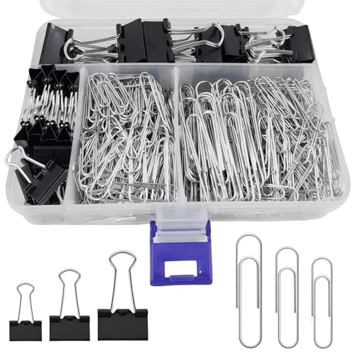 HIQU and HIST Binder and Paper Clips Set, 340 pcs Assorted Sizes in Container With Compartments - Silver Paper and Black Binder Clips for Home, School, Office Supplies - Image 1