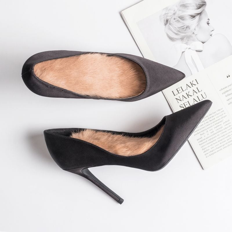 Z2023 Winter New Silk Satin Pointed Thin Heel High Heel Shallow Mouth Black Warm Rabbit Hair Shoes For Work - Image 4
