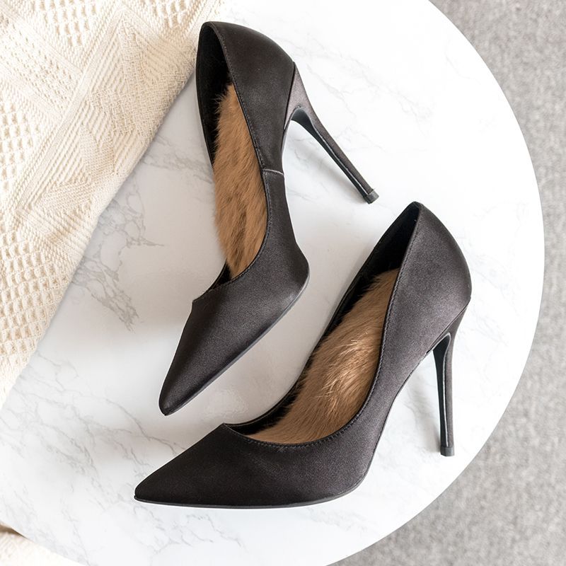 Z2023 Winter New Silk Satin Pointed Thin Heel High Heel Shallow Mouth Black Warm Rabbit Hair Shoes For Work - Image 5